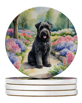 Bouvier des Flandres Spring Path Large Sandstone Absorbent Round Coasters Pack of 4 product image at NuMercy