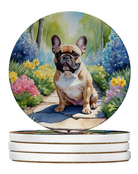 French Bulldog Spring Path Large Sandstone Absorbent Round Coasters Pack of 4 DAC6630 product image at NuMercy