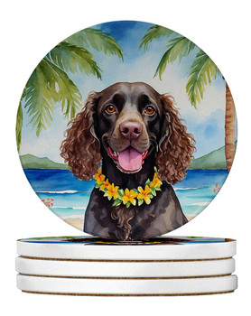 American Water Spaniel Luau Large Sandstone Absorbent Round Coasters Pack of 4 product image at NuMercy