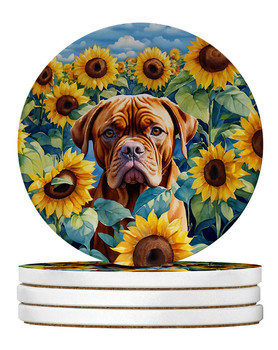 Dogue de Bordeaux in Sunflowers Large Sandstone Absorbent Round Coasters Pack of 4 product image at NuMercy
