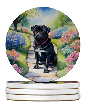 Black Pug Spring Path Large Sandstone Absorbent Round Coasters Pack of 4 product image at NuMercy