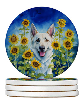 White German Shepherd in Sunflowers Large Sandstone Absorbent Round Coasters Pack of 4 product image at NuMercy