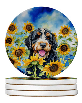 Bernedoodle in Sunflowers Large Sandstone Absorbent Round Coasters Pack of 4 product image at NuMercy