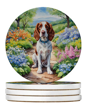 Welsh Springer Spaniel Spring Path Large Sandstone Absorbent Round Coasters Pack of 4 product image at NuMercy