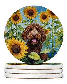 Labradoodle in Sunflowers Large Sandstone Absorbent Round Coasters Pack of 4 DAC6112 product image at NuMercy