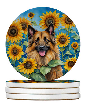 Belgian Tervuren in Sunflowers Large Sandstone Absorbent Round Coasters Pack of 4 product image at NuMercy