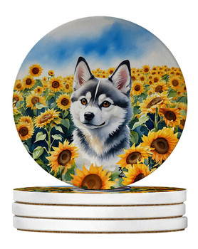 Alaskan Klee Kai in Sunflowers Large Sandstone Absorbent Round Coasters Pack of 4 product image at NuMercy