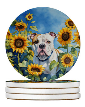 American Bulldog in Sunflowers Large Sandstone Absorbent Round Coasters Pack of 4 product image at NuMercy