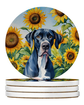Great Dane in Sunflowers Large Sandstone Absorbent Round Coasters Pack of 4 DAC6091 product image at NuMercy