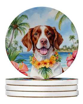 Brittany Spaniel Luau Large Sandstone Absorbent Round Coasters Pack of 4 product image at NuMercy