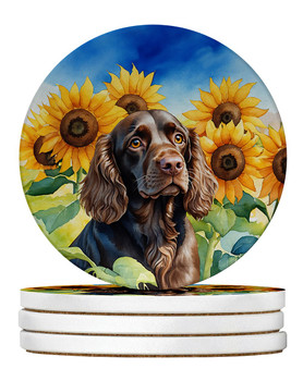 Boykin Spaniel in Sunflowers Large Sandstone Absorbent Round Coasters Pack of 4 product image at 