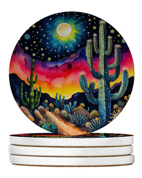 Colorful Queen of the Night Cactus Large Sandstone Absorbent Round Coasters Pack of 4 product image at 