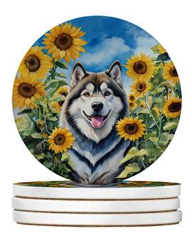 Alaskan Malamute in Sunflowers Large Sandstone Absorbent Round Coasters Pack of 4 product image at NuMercy