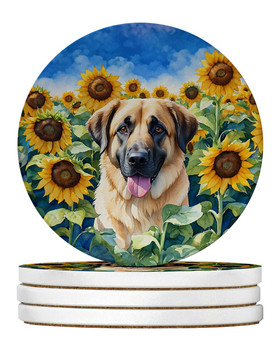 Anatolian Shepherd in Sunflowers Large Sandstone Absorbent Round Coasters Pack of 4 product image at NuMercy