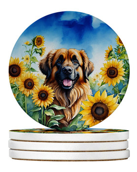 Leonberger in Sunflowers Large Sandstone Absorbent Round Coasters Pack of 4 product image at NuMercy