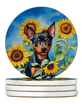 Miniature Pinscher in Sunflowers Large Sandstone Absorbent Round Coasters Pack of 4 product image at NuMercy