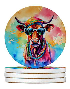 Hippie Animal Cow Large Sandstone Absorbent Round Coasters Pack of 4 DAC3962 product image at NuMercy