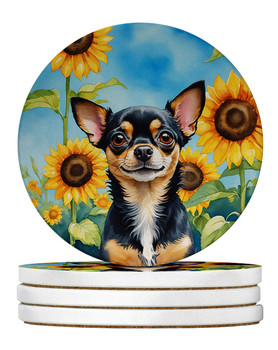 Chihuahua in Sunflowers Large Sandstone Absorbent Round Coasters Pack of 4 DAC6052 product image at NuMercy