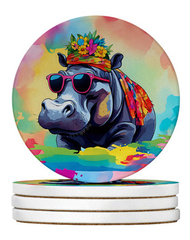 Hippie Animal Hippopotamus Large Sandstone Absorbent Round Coasters Pack of 4 DAC3993 product image at NuMercy