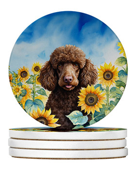 Chocolate Poodle in Sunflowers Large Sandstone Absorbent Round Coasters Pack of 4 DAC6140 product image at NuMercy