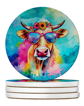 Hippie Animal Malvi Cow Large Sandstone Absorbent Round Coasters Pack of 4 DAC4007 product image at NuMercy