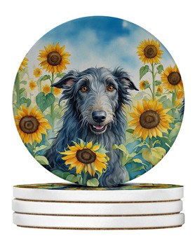Scottish Deerhound in Sunflowers Large Sandstone Absorbent Round Coasters Pack of 4 product image at NuMercy