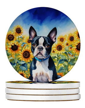 Boston Terrier in Sunflowers Large Sandstone Absorbent Round Coasters Pack of 4 product image at NuMercy