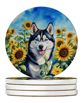 Siberian Husky in Sunflowers Large Sandstone Absorbent Round Coasters Pack of 4 DAC6164 product image at NuMercy