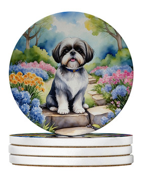 Shih Tzu Spring Path Large Sandstone Absorbent Round Coasters Pack of 4 DAC6716 product image at NuMercy
