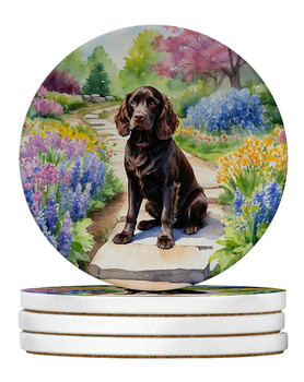 Boykin Spaniel Spring Path Large Sandstone Absorbent Round Coasters Pack of 4 product image at NuMercy
