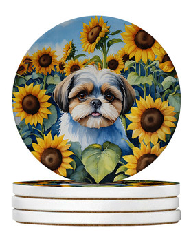 Shih Tzu in Sunflowers Large Sandstone Absorbent Round Coasters Pack of 4 product image at NuMercy
