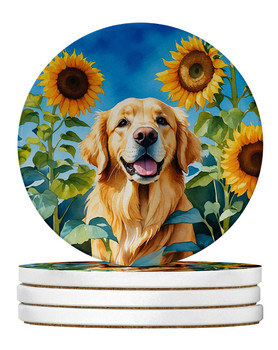 Golden Retriever in Sunflowers Large Sandstone Absorbent Round Coasters Pack of 4 product image at NuMercy