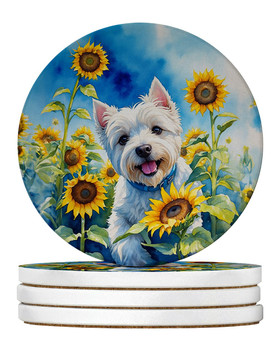 Westie in Sunflowers Large Sandstone Absorbent Round Coasters Pack of 4 DAC6174 product image at NuMercy