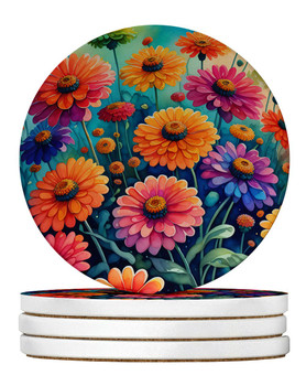 Colorful Zinnias Large Sandstone Absorbent Round Coasters Pack of 4 product image at NuMercy