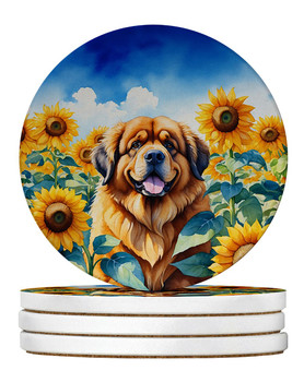 Tibetan Mastiff in Sunflowers Large Sandstone Absorbent Round Coasters Pack of 4 product image at NuMercy
