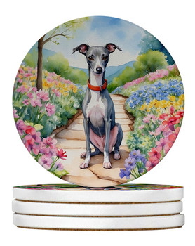 Italian Greyhound Spring Path Large Sandstone Absorbent Round Coasters Pack of 4 product image at NuMercy