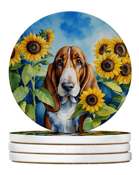 Basset Hound in Sunflowers Large Sandstone Absorbent Round Coasters Pack of 4 DAC6017 product image at NuMercy