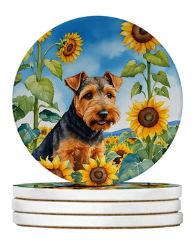 Welsh Terrier in Sunflowers Large Sandstone Absorbent Round Coasters Pack of 4 product image at NuMercy