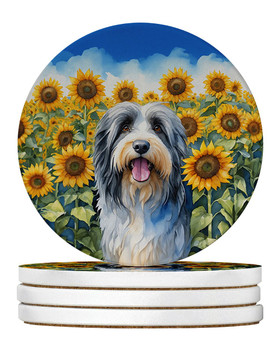 Bearded Collie in Sunflowers Large Sandstone Absorbent Round Coasters Pack of 4 product image at NuMercy