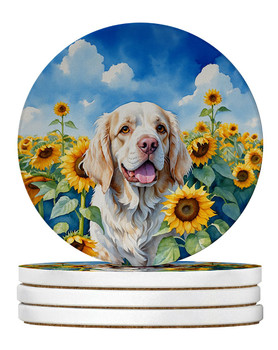 Clumber Spaniel in Sunflowers Large Sandstone Absorbent Round Coasters Pack of 4 product image at NuMercy