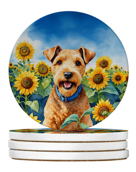 Lakeland Terrier in Sunflowers Large Sandstone Absorbent Round Coasters Pack of 4 product image at NuMercy