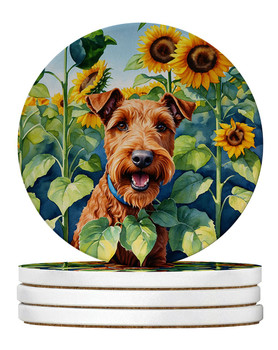 Irish Terrier in Sunflowers Large Sandstone Absorbent Round Coasters Pack of 4 product image at NuMercy