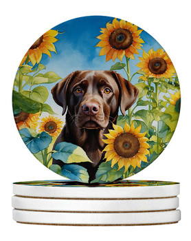 Labrador Retriever in Sunflowers Large Sandstone Absorbent Round Coasters Pack of 4 DAC6110 product image at NuMercy