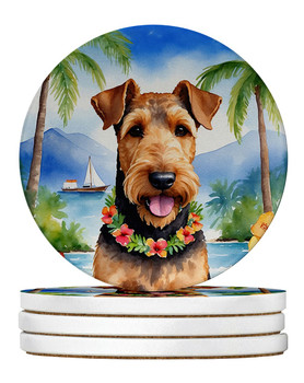 Airedale Terrier Luau Large Sandstone Absorbent Round Coasters Pack of 4 product image at NuMercy