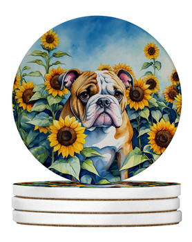 English Bulldog in Sunflowers Large Sandstone Absorbent Round Coasters Pack of 4 product image at NuMercy