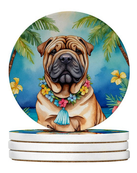Shar Pei Luau Large Sandstone Absorbent Round Coasters Pack of 4 product image at NuMercy