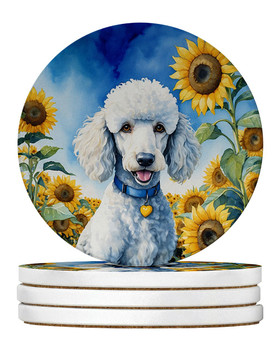 White Poodle in Sunflowers Large Sandstone Absorbent Round Coasters Pack of 4 DAC6142 product image at NuMercy