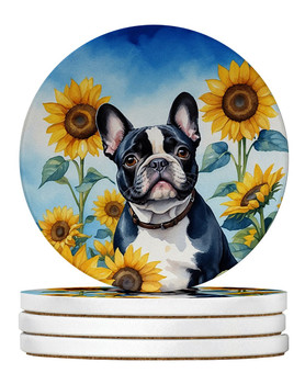 French Bulldog in Sunflowers Large Sandstone Absorbent Round Coasters Pack of 4 DAC6082 product image at NuMercy