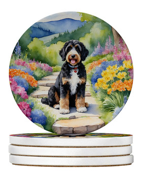 Bernedoodle Spring Path Large Sandstone Absorbent Round Coasters Pack of 4 product image at 