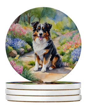 Australian Shepherd Spring Garden Large Sandstone Absorbent Round Coasters Pack of 4 product image at 